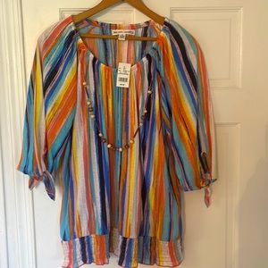 NWT New York Laundry multi color blouse with built-in necklace, size XL